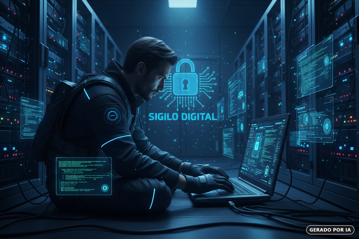 Gerado por IA: Um profissional de segurança cibernética sentado no chão de um centro de dados utiliza um laptop cercado por interfaces digitais e ícones de cadeado.