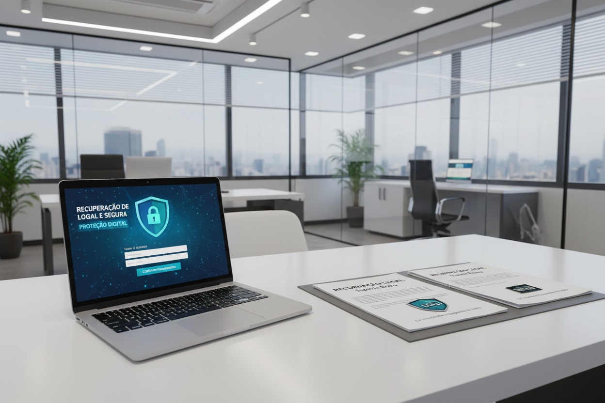 Notebook aberto em uma mesa de escritório exibindo uma página de login de proteção digital, com documentos impressos ao lado.