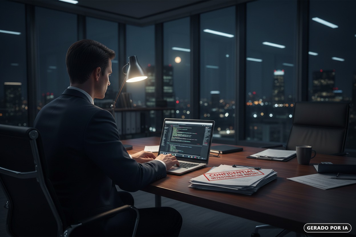 Gerado por IA: Um homem de terno trabalha em um laptop em um escritório corporativo à noite, com uma pilha de documentos confidenciais sobre a mesa.