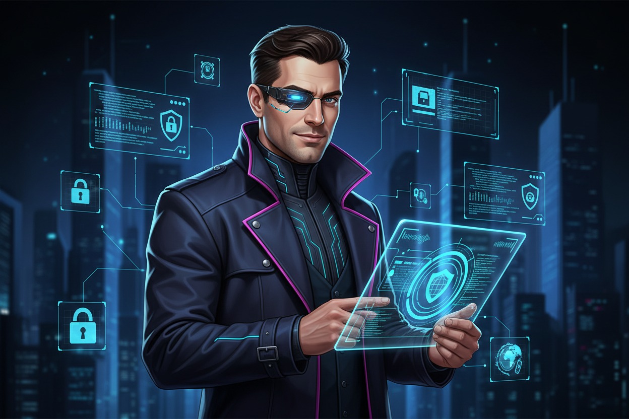 Homem com visual futurista interagindo com uma interface digital holográfica de segurança cibernética em um cenário urbano noturno.